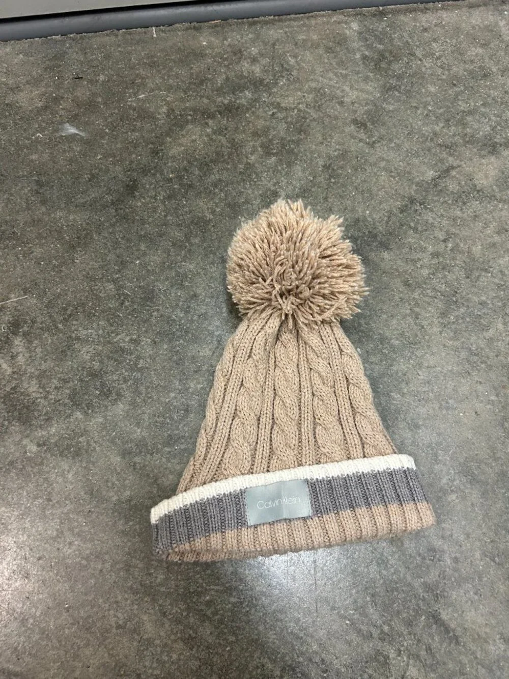 Calvin Klein Tan Knit Pom Pom Beanie Gray White Stripe Foldover One Size Winter